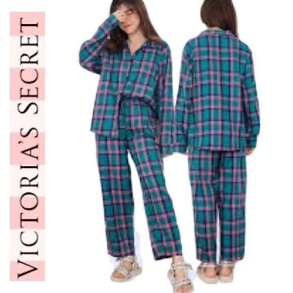 Victoria's Secret Green Pink Plaid Long Sleeve Wide Leg Pajama Pants Set Large - Picture 1 of 16